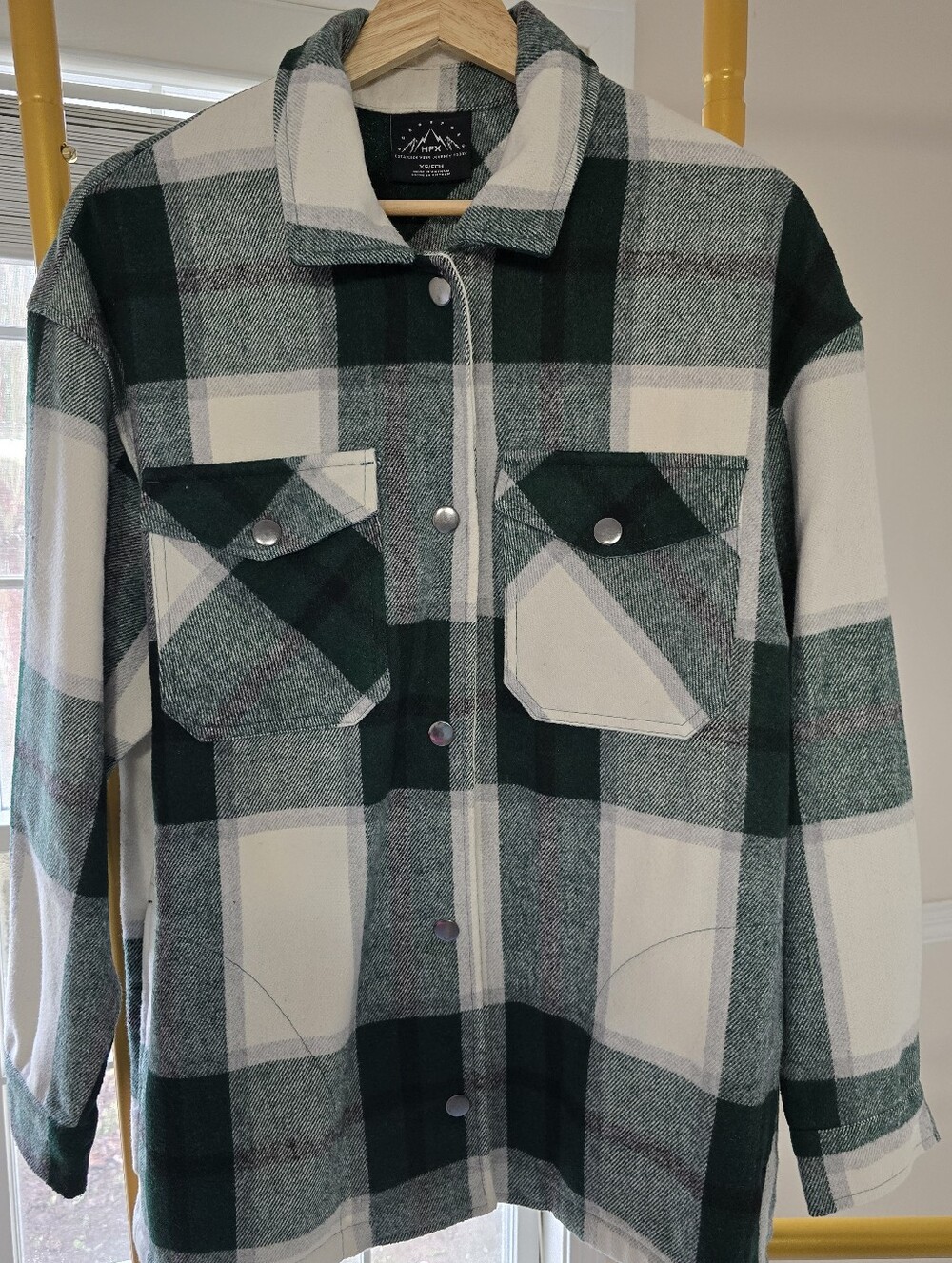 HFX Outdoors wear Green & Cream Plaid Shacket Jacket. Wool Blend